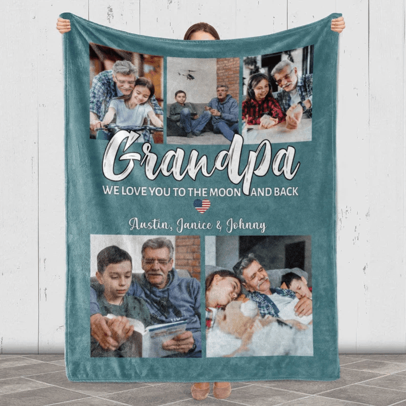 Custom Photo Collage Blanket With Name, Gift For Grandparents Day/Birthday From Grandkids, Grandpa We Love You, Custom Grandpa Photo Blanket