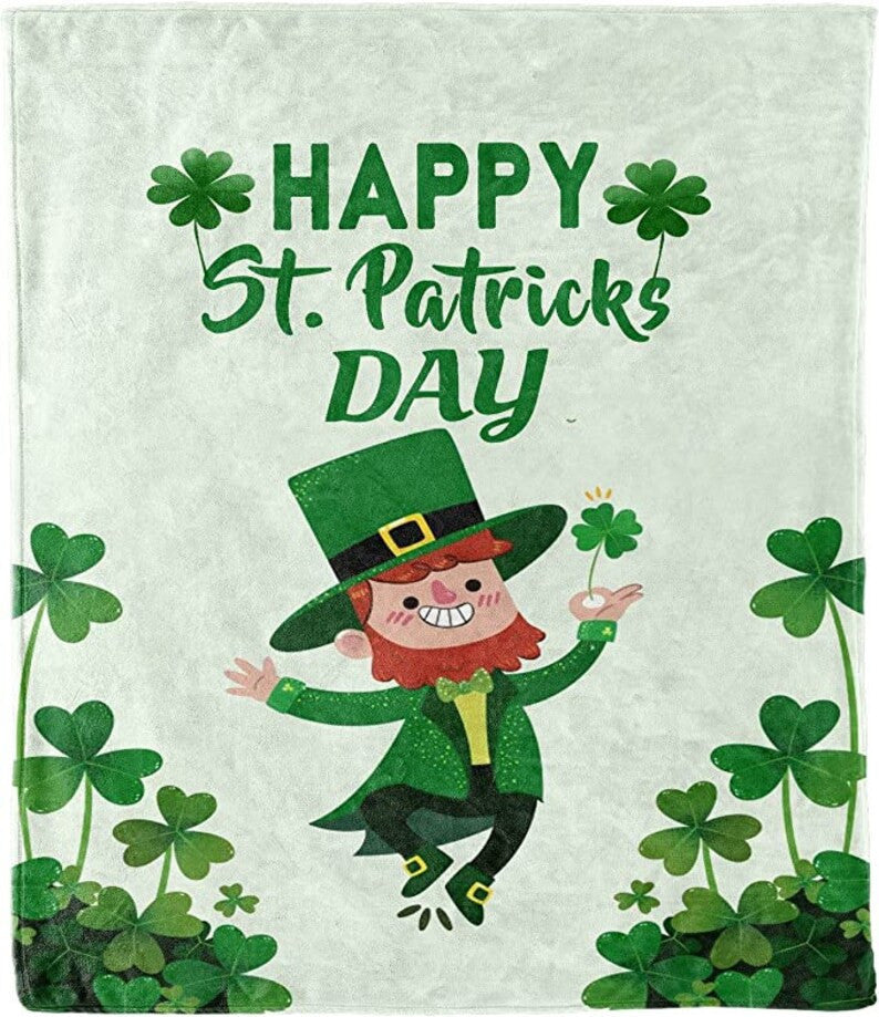 Happy St. Patrick Day Blanket For Family Friends, Clovers Throws, Lucky Shamrock Clover Fleece Blanket, Gift for Kids, St. Patrick Day Gifts