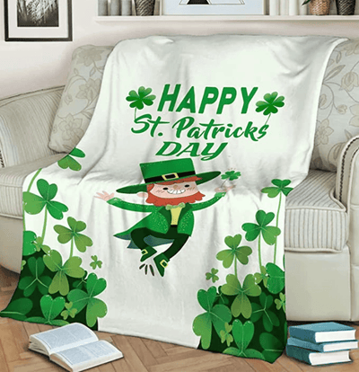 Happy St. Patrick Day Blanket For Family Friends, Clovers Throws, Lucky Shamrock Clover Fleece Blanket, Gift for Kids, St. Patrick Day Gifts
