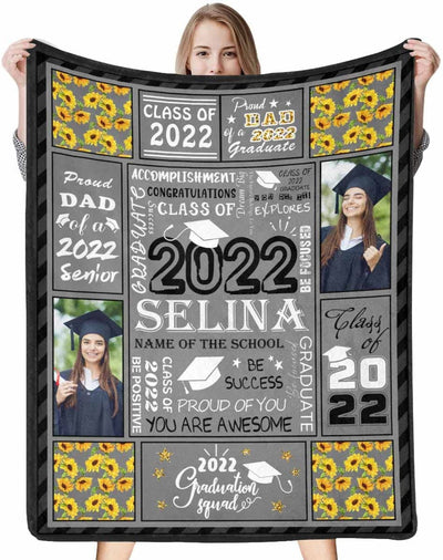 Personalized Graduation Blanket For Her Him Class Of 2022 Bed Blanket Congratulations Class Of 2022 Sunflower Grey Throw Blanket For Senior 2022 High School College Graduating Gifts