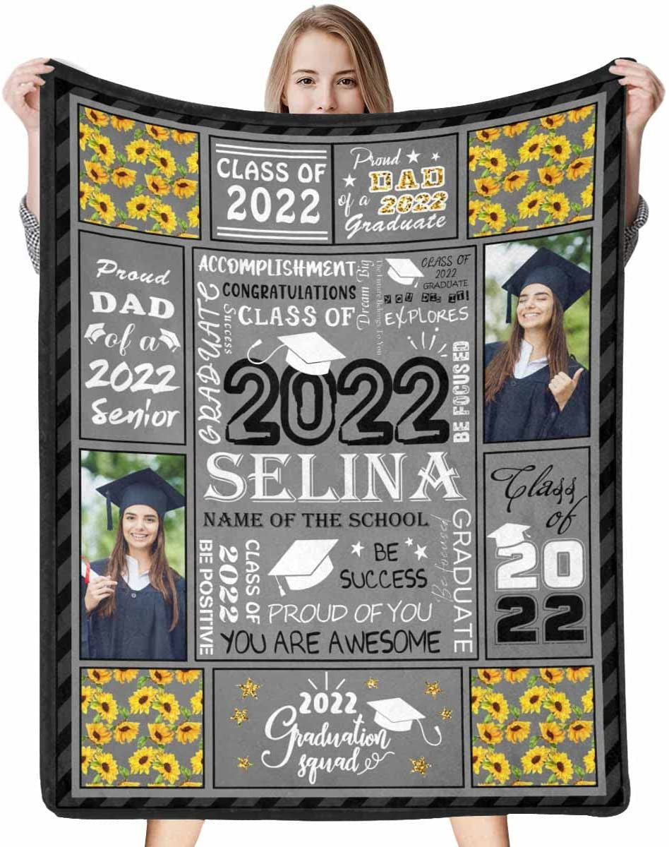 Personalized Graduation Blanket For Her Him Class Of 2022 Bed Blanket Congratulations Class Of 2022 Sunflower Grey Throw Blanket For Senior 2022 High School College Graduating Gifts