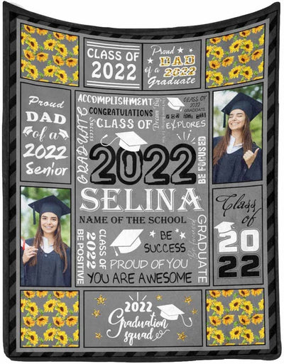 Personalized Graduation Blanket For Her Him Class Of 2022 Bed Blanket Congratulations Class Of 2022 Sunflower Grey Throw Blanket For Senior 2022 High School College Graduating Gifts
