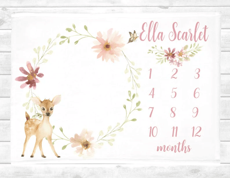 Baby Milestone Blanket Girl / Baby Monthly Growth Tracker / Personalized Baby Blanket Girl / Woodland Blanket Custom Receiving Blanket
