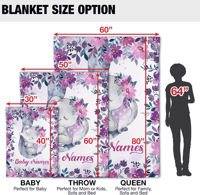 Personalized Baby Girl Blankets, Customize Baby Girl Blanket with Names - Purple Floral Elephant Sleeping Baby Blanket Girl with Custom Name