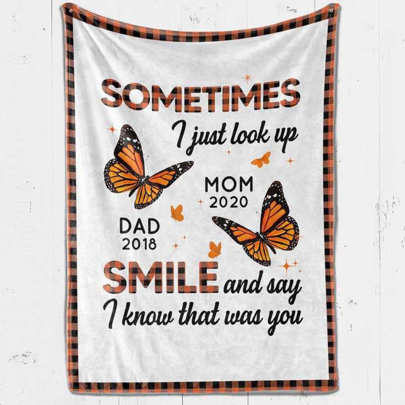 Personalized Remembering Blanket, Memorial Mom And Dad, Butterfly Orange Checkered Pattern Memorial