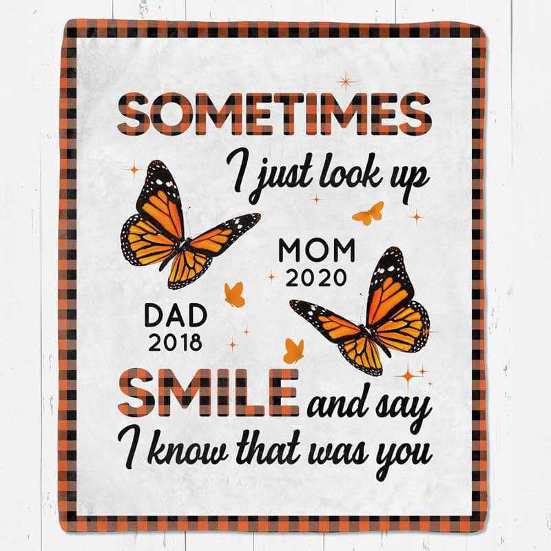Personalized Remembering Blanket, Memorial Mom And Dad, Butterfly Orange Checkered Pattern Memorial