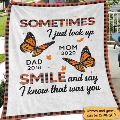 Personalized Remembering Blanket, Memorial Mom And Dad, Butterfly Orange Checkered Pattern Memorial