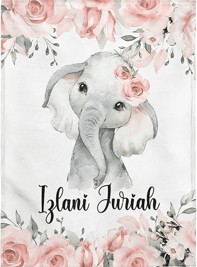 Personalized Baby Elephant Blankets - Baby Blanket for Girls with Name - Custom Gift for Baby - Fleece, Sherpa Baby Blanket