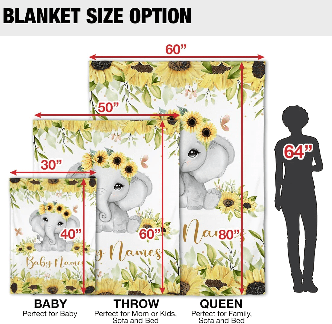 Personalized Baby Girl Blankets, Customize Baby Girl Blanket with Names - Sunflower Baby Elephant Blankets for Girls with Custom Name