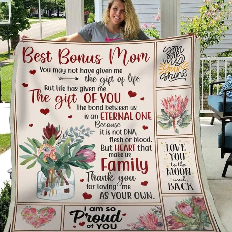 Best Bonus Mom blanket Step Mom blanket Personalized Fleece Sherpa Blankets for Bonus Mom Flower Vase