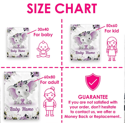 Personalized Baby Blankets, Custom Baby Blanket - Baby Blanket with Name for Girls, Best Gift for Baby, Newborn Elephants Plush
