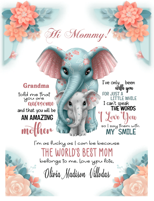 Personalized Baby Blanket- Custom Hi Mommy Elephant Flower Fleece Blanket, Baby Name Blanket,, Cute Baby Elephant Blanket