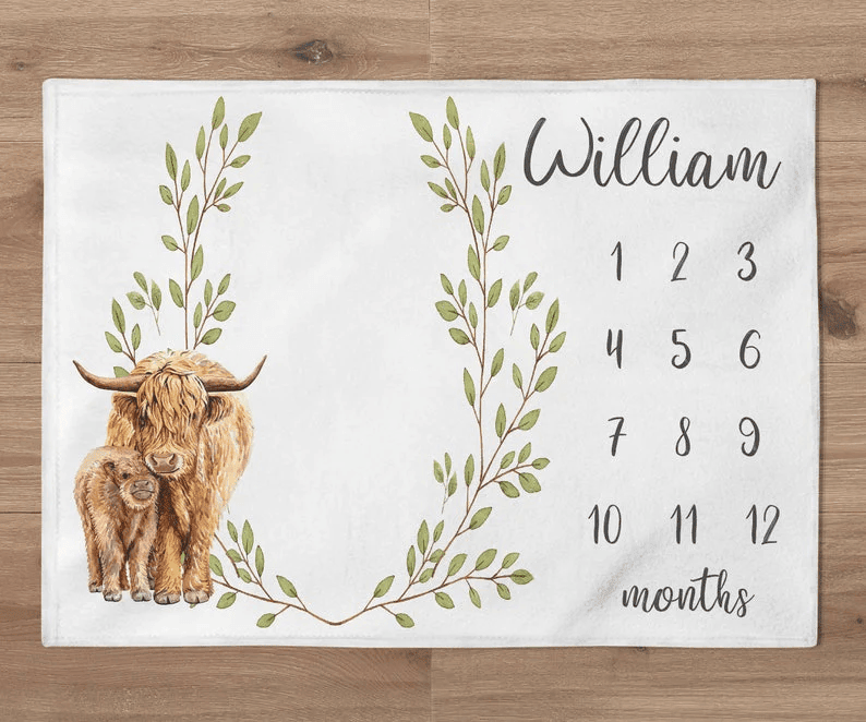 Highland Cow Blanket Farm Boy Blanket Personalized Greenery Wreath Baby Boy Month Blanket Newborn Gift