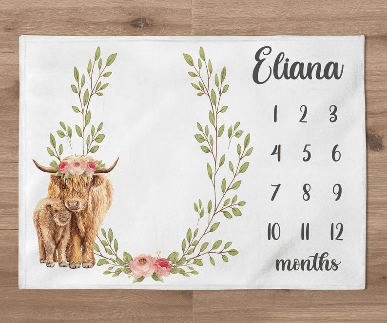 Highland Cow Blanket Farm Boy Blanket Personalized Greenery Wreath Baby Boy Month Blanket Newborn Gift