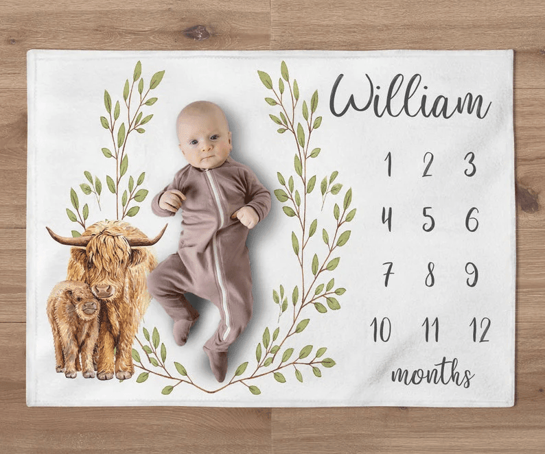 Highland Cow Blanket Farm Boy Blanket Personalized Greenery Wreath Baby Boy Month Blanket Newborn Gift