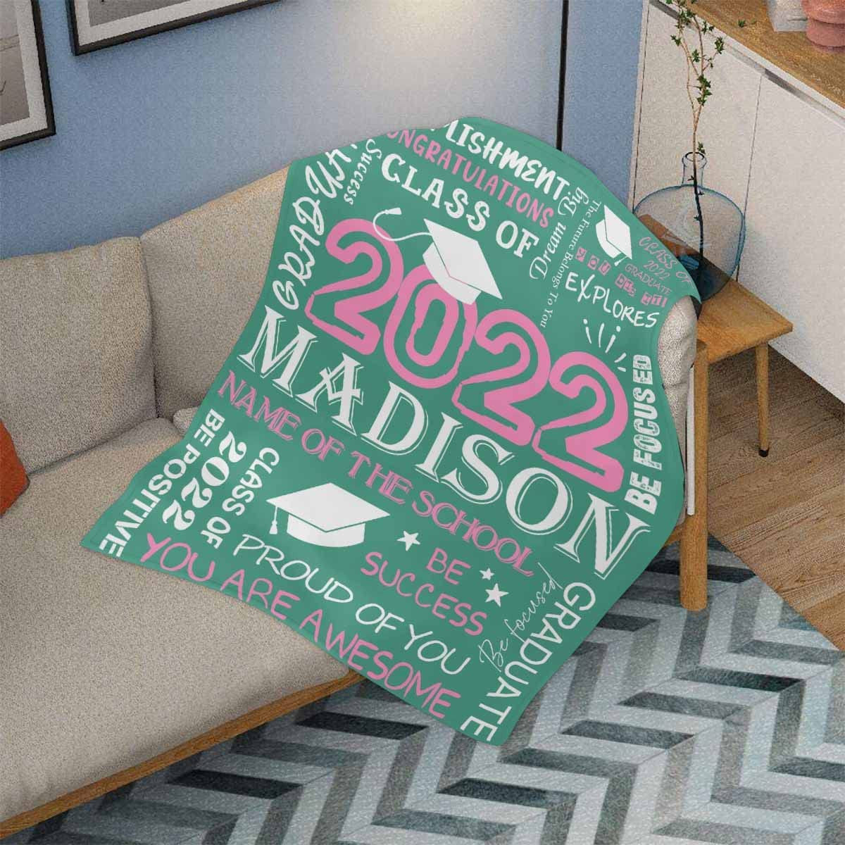 Custom Throw Blanket With School Name Personalized Blankets For The Graduating Class Of 2022 Soft Fleece Graduation Season Gifts Blankets Light Green Background