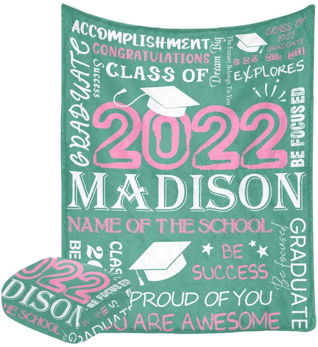 Custom Throw Blanket With School Name Personalized Blankets For The Graduating Class Of 2022 Soft Fleece Graduation Season Gifts Blankets Light Green Background