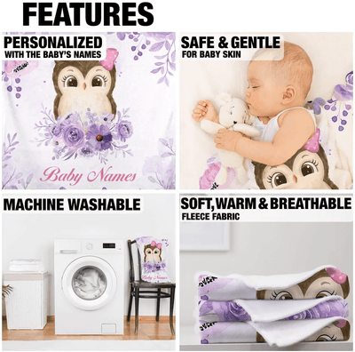 Personalized Baby Girl Blankets, Customize Baby Girl Blanket with Names - Floral Owl Baby Blanket Girl with Custom Name