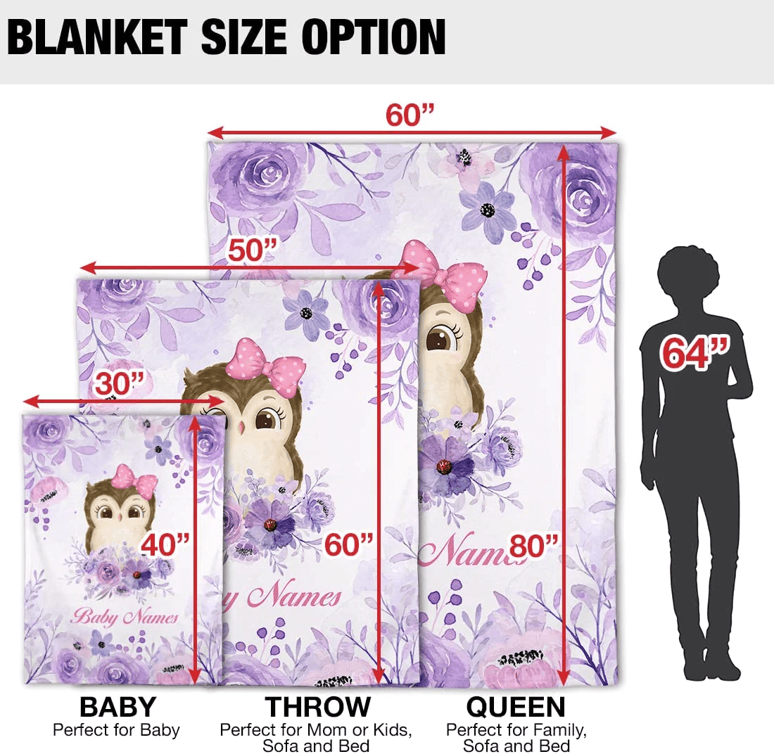 Personalized Baby Girl Blankets, Customize Baby Girl Blanket with Names - Floral Owl Baby Blanket Girl with Custom Name