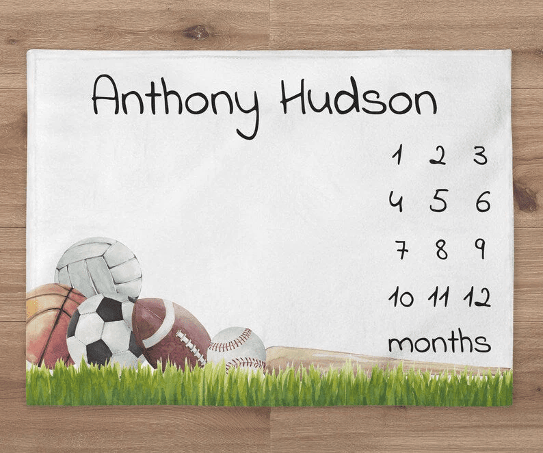 Sports Milestone Personalized Baby Blanket Custom Baseball Football Socer Basketball Baby Boy Month Blanket Newborn Gift Baby Shower Gift