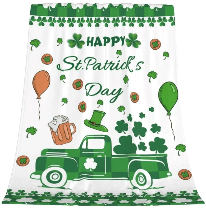 St. Patrick's Day Flannel Blankets Green Shamrocks Truck Blanket Irish Clovers Throw Blanket Super Soft Cozy