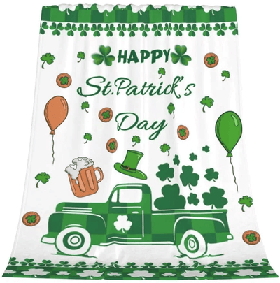 St. Patrick's Day Flannel Blankets Green Shamrocks Truck Blanket Irish Clovers Throw Blanket Super Soft Cozy