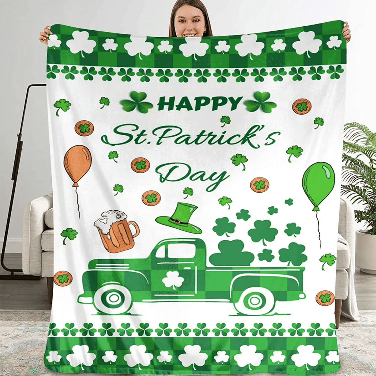 St. Patrick's Day Flannel Blankets Green Shamrocks Truck Blanket Irish Clovers Throw Blanket Super Soft Cozy