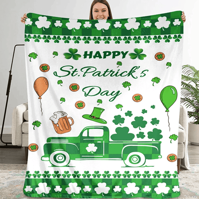 St. Patrick's Day Flannel Blankets Green Shamrocks Truck Blanket Irish Clovers Throw Blanket Super Soft Cozy