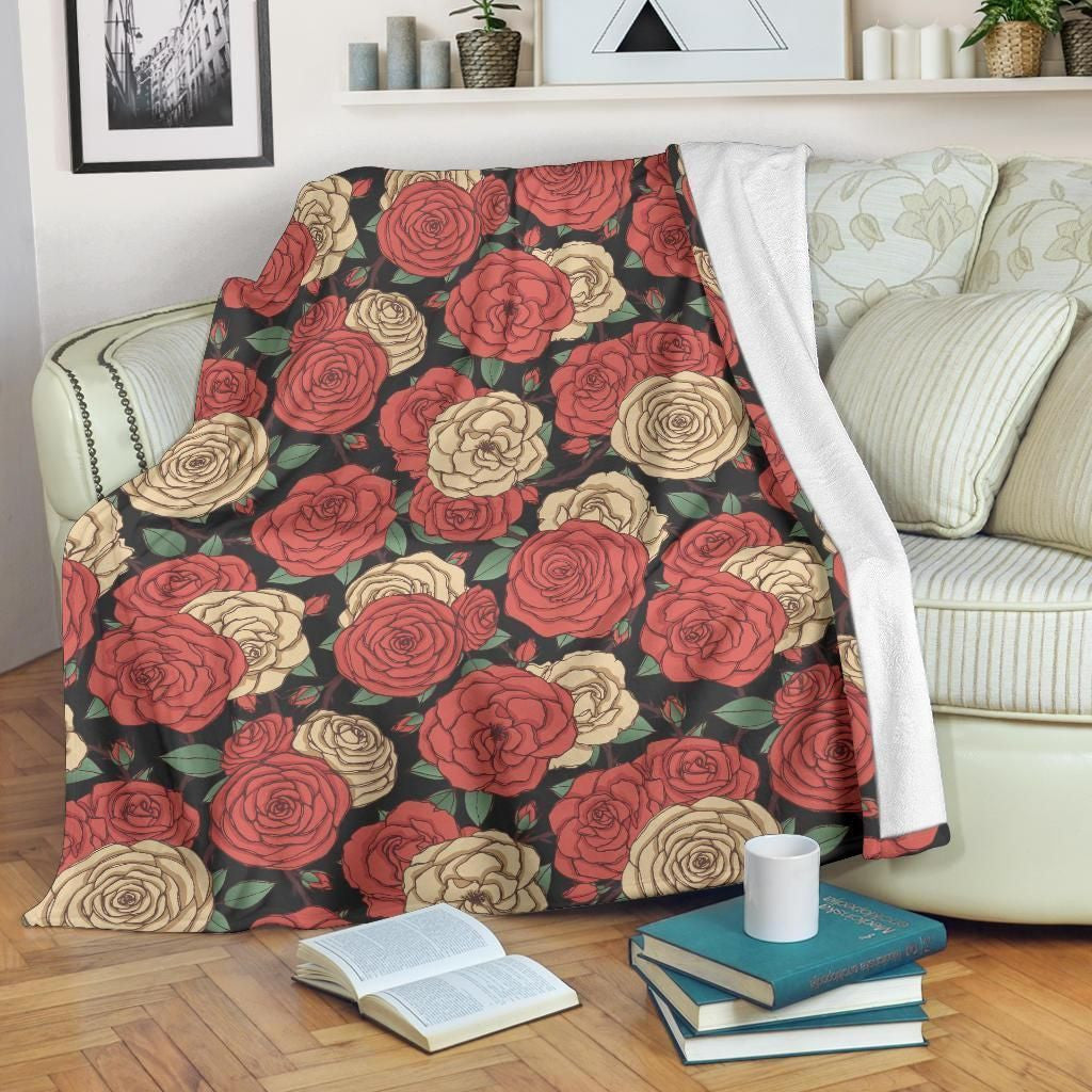 Multicolor Rose Camellia Pattern Printed Fleece Blanket