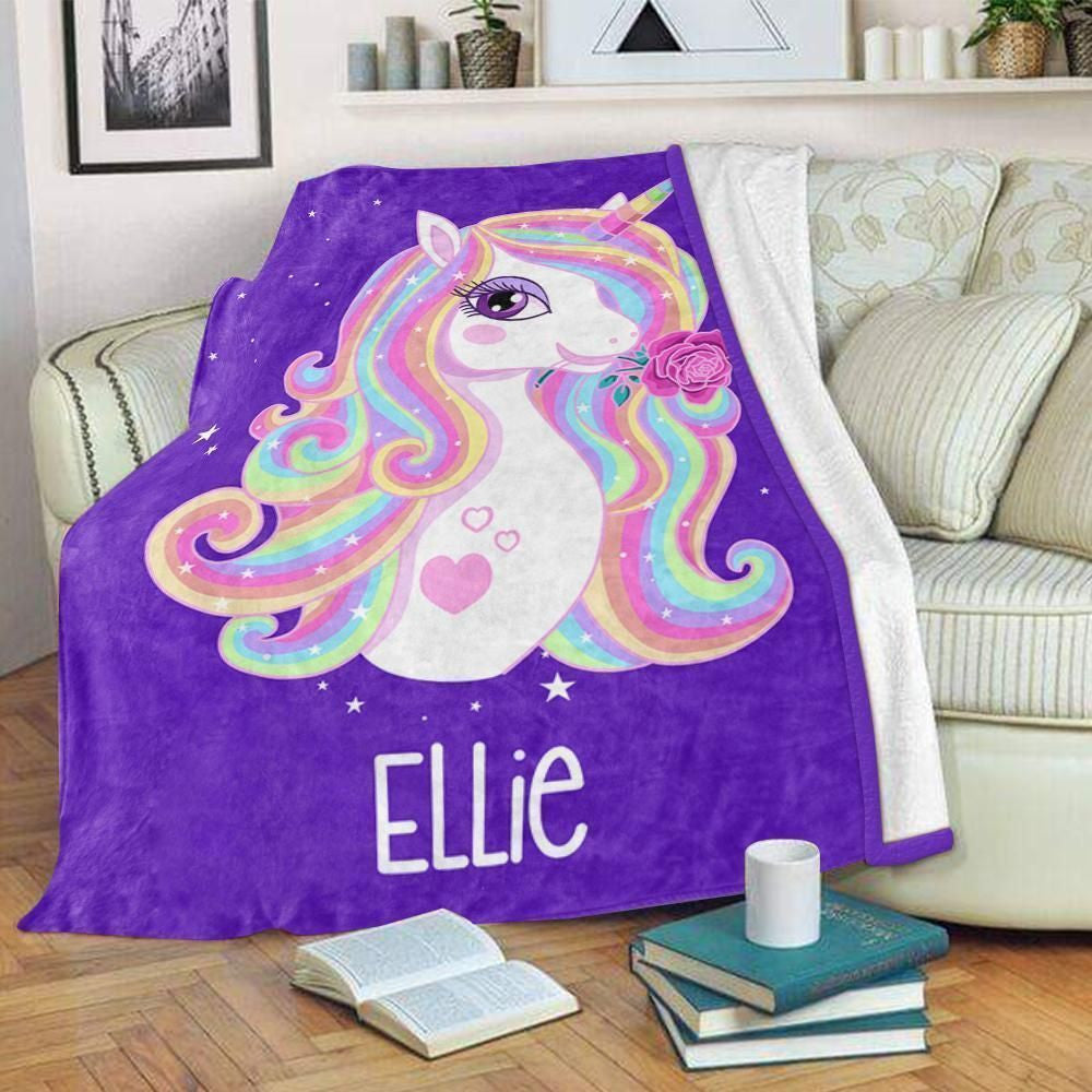 Purple Magical Unicorn Gift For Kids Custom Name Fleece Blanket