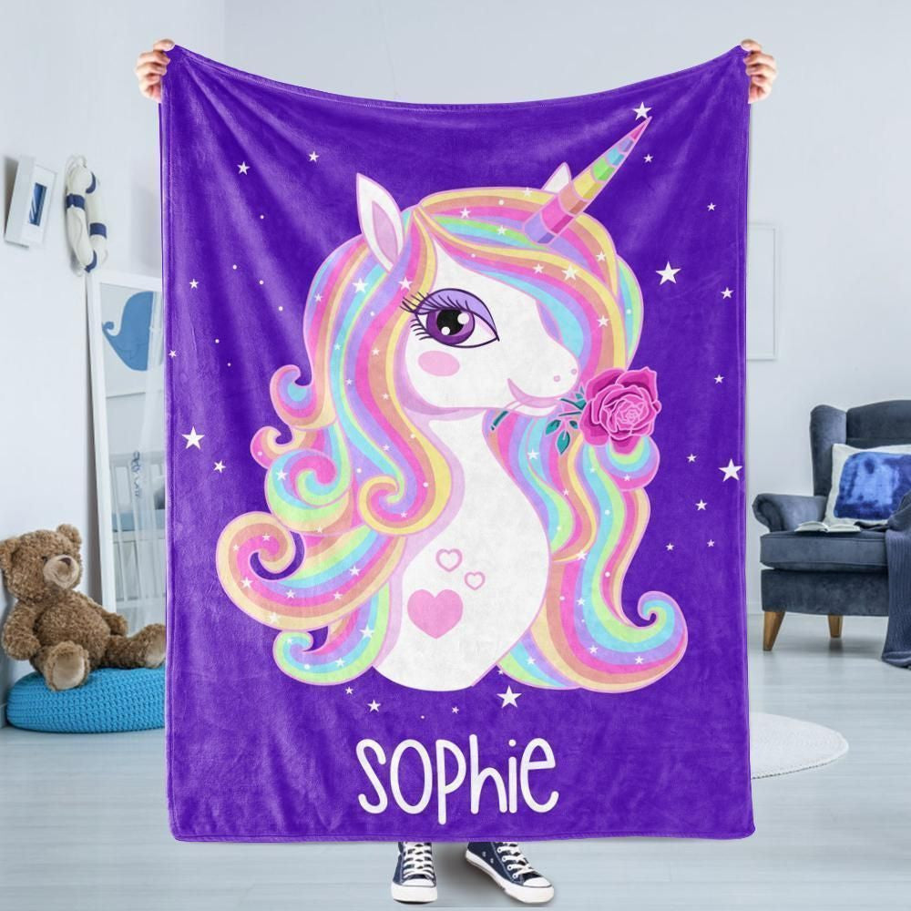 Purple Magical Unicorn Gift For Kids Custom Name Fleece Blanket