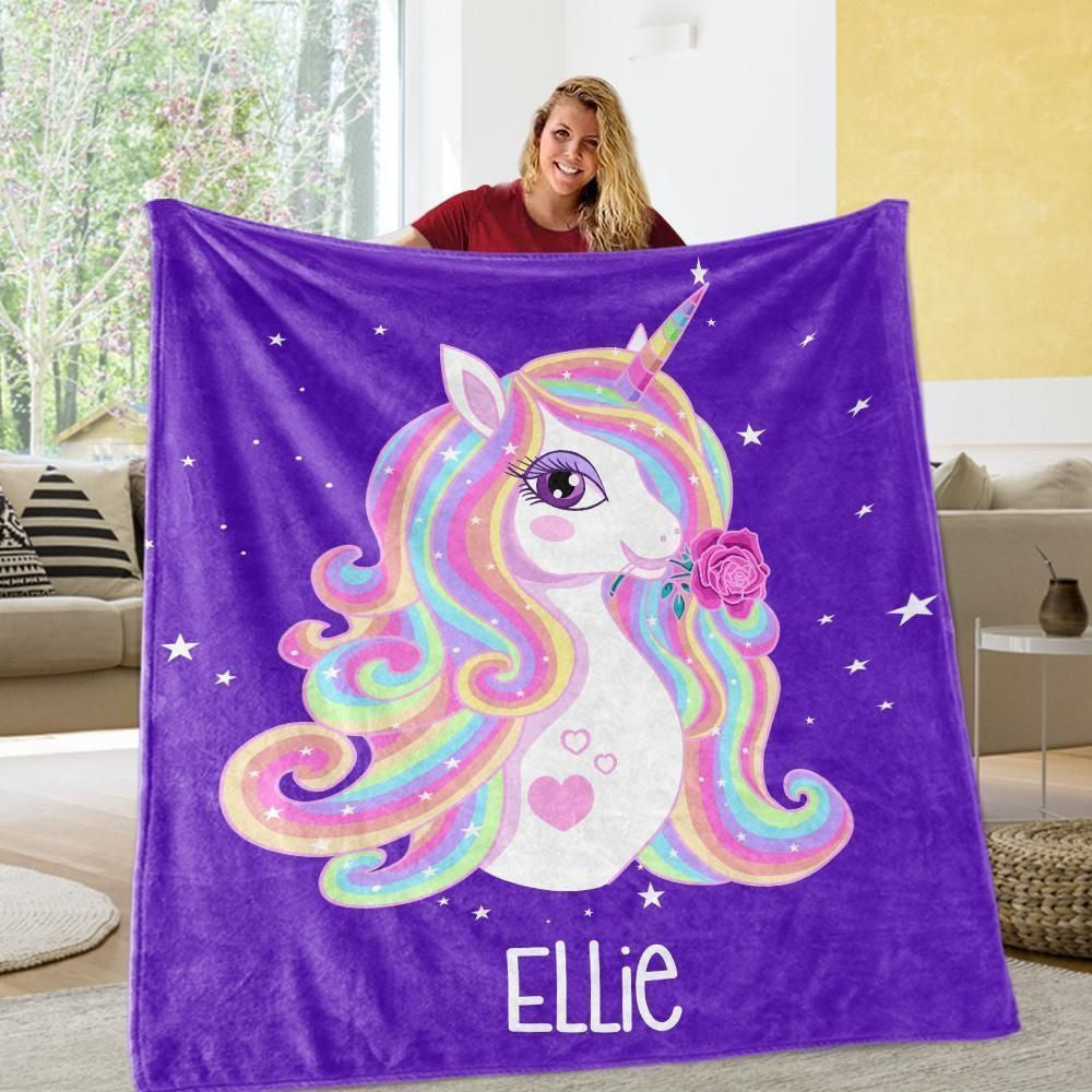 Purple Magical Unicorn Gift For Kids Custom Name Fleece Blanket