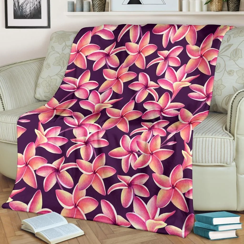 Purple Plumeria Blossom Pattern Print Design Fleece Blanket