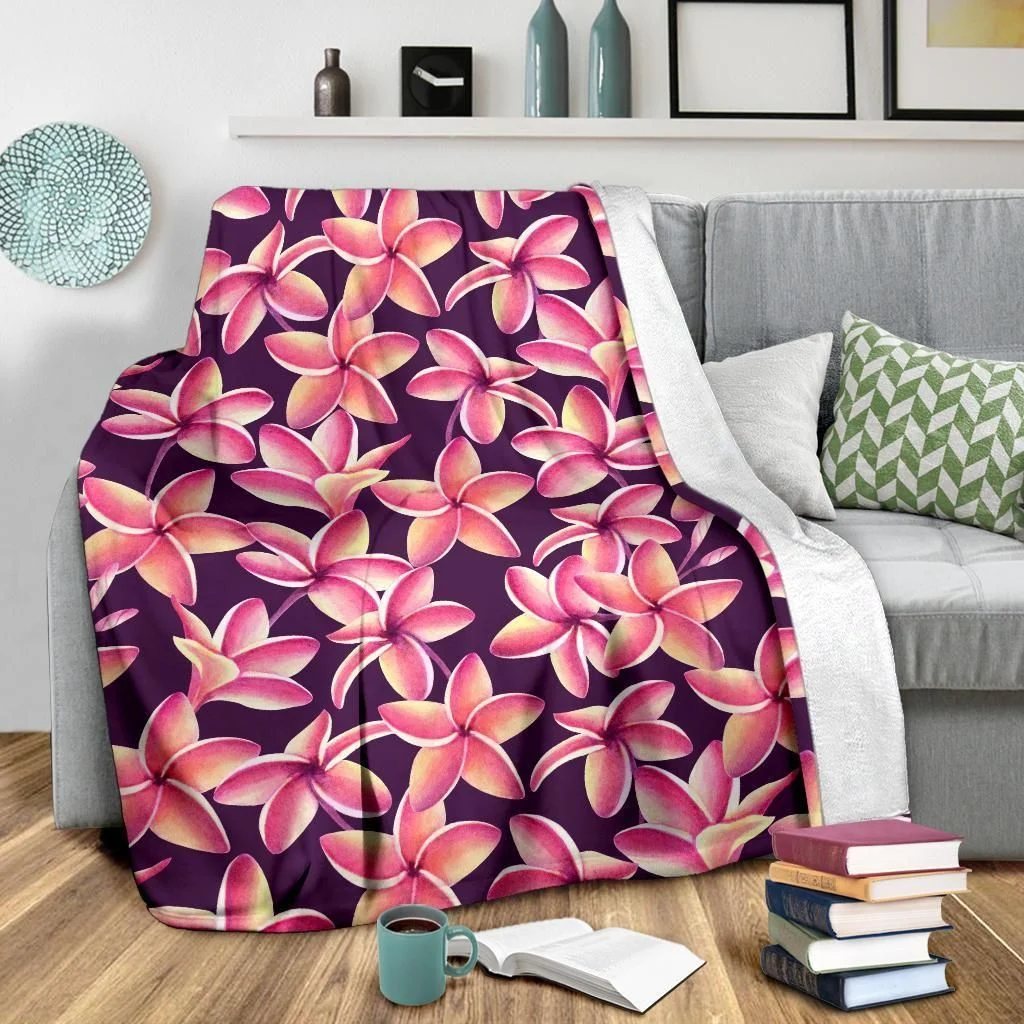 Purple Plumeria Blossom Pattern Print Design Fleece Blanket