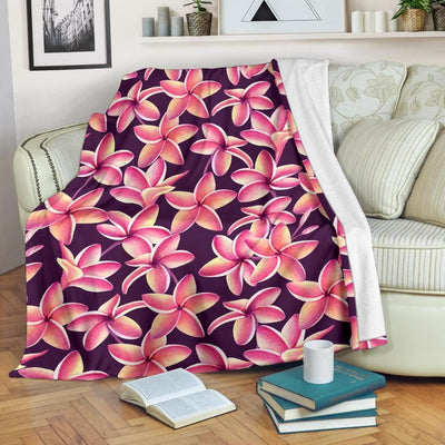 Purple Plumeria Blossom Pattern Print Design Fleece Blanket