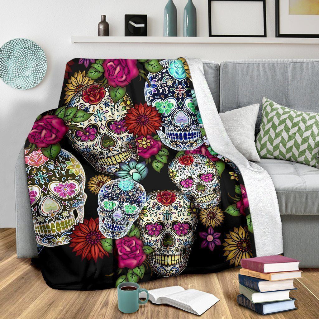 Sugar Skull Face Floral Printed Fleece Blanket