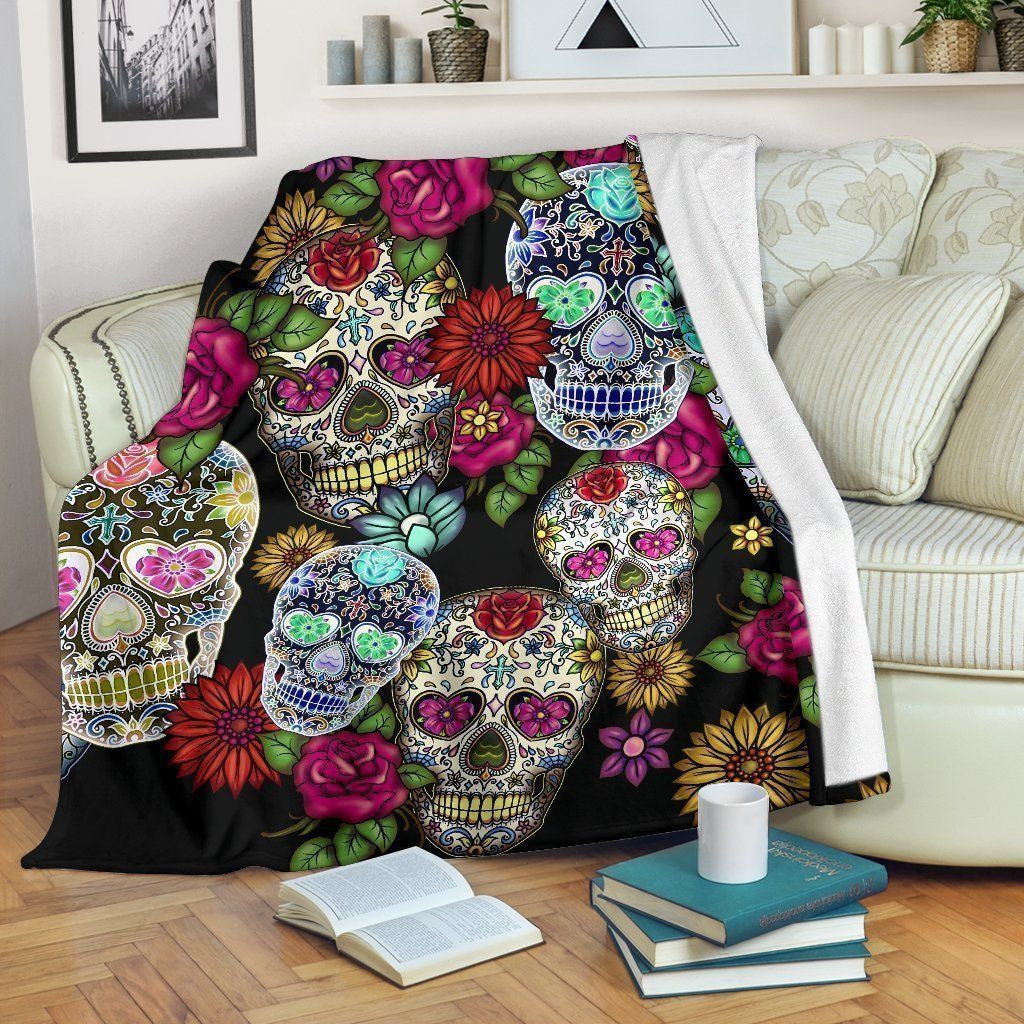 Sugar Skull Face Floral Printed Fleece Blanket