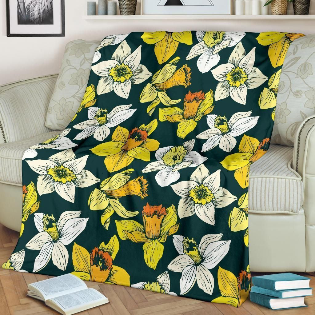 Daffodils Pattern Print Design Black Fleece Blanket