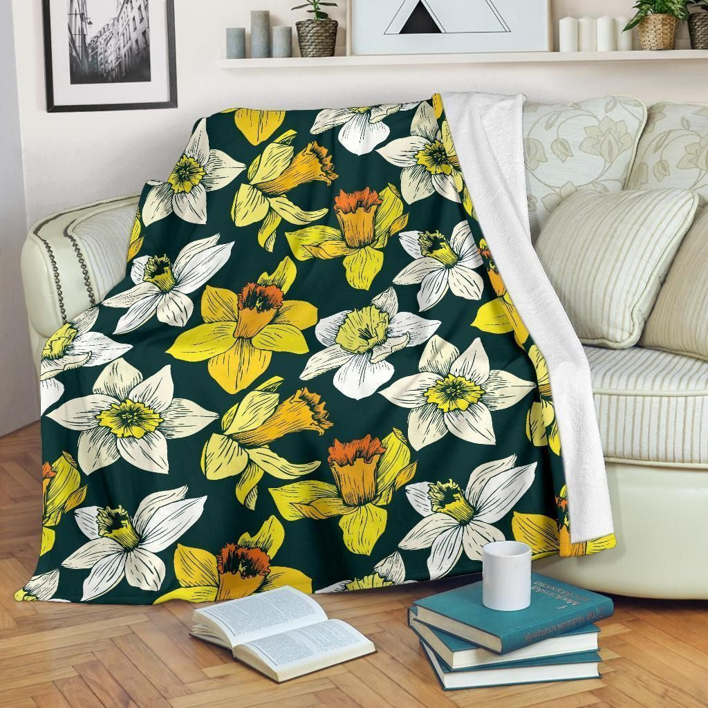 Daffodils Pattern Print Design Black Fleece Blanket