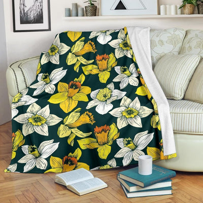 Daffodils Pattern Print Design Black Fleece Blanket