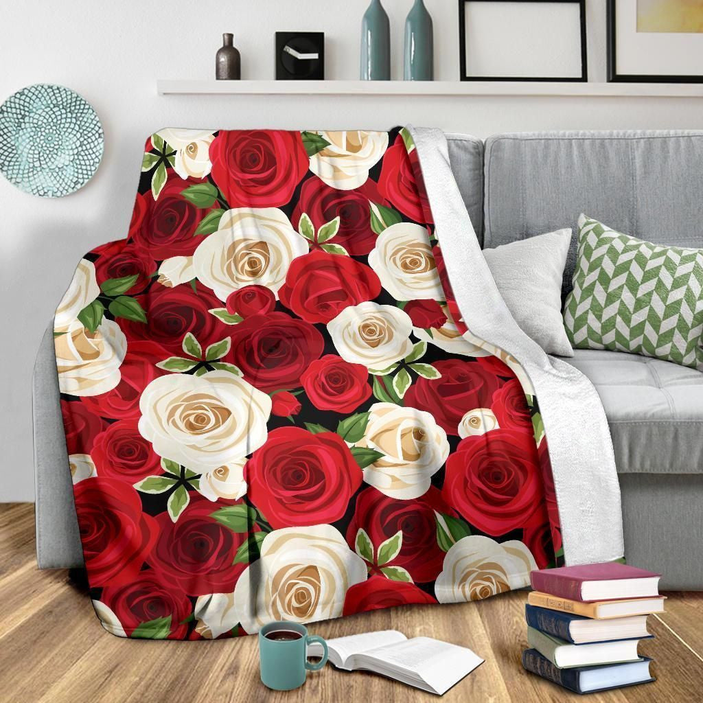 Vintage Red Rose Pattern Print Design Fleece Blanket