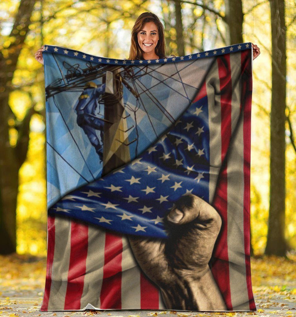 Lineman American Usa Flag Printed Fleece Blanket