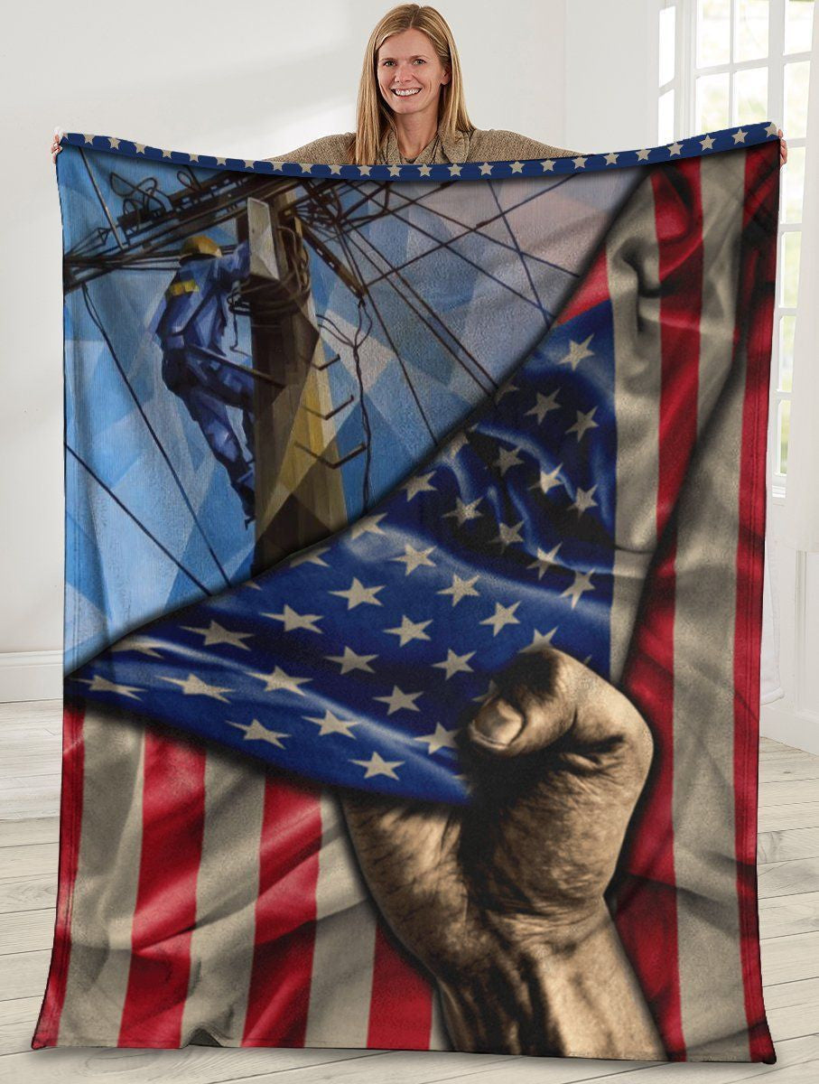 Lineman American Usa Flag Printed Fleece Blanket