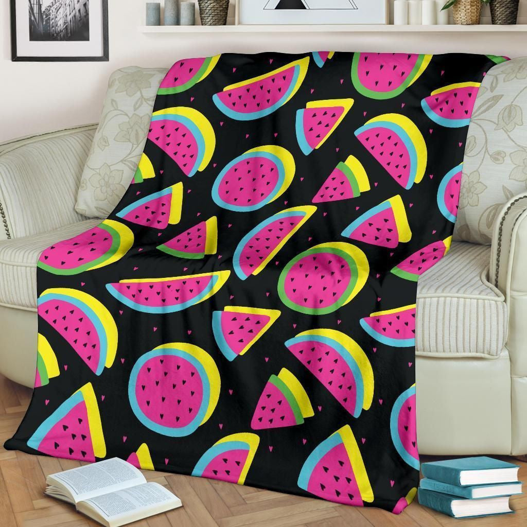 Pink Watermelon Pattern Print Design Black Fleece Blanket