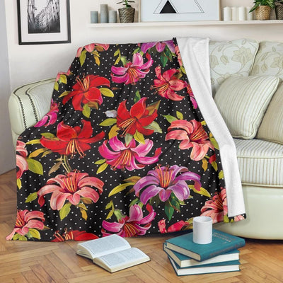 Lily Pattern Print Design With Dot Fleece Blanket