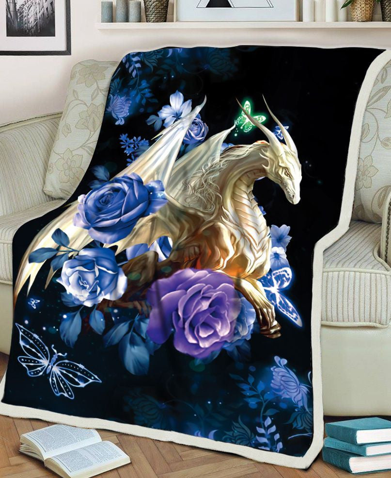 Magical White Dragon Rose Butterfly Blanket