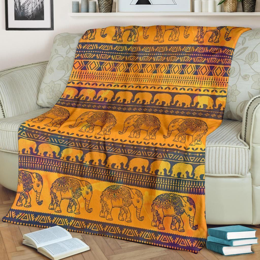 Elephant Aztec Orange And Black Fleece Blanket