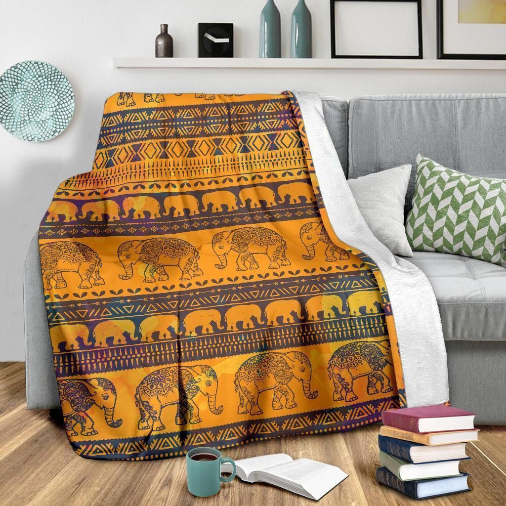 Elephant Aztec Orange And Black Fleece Blanket