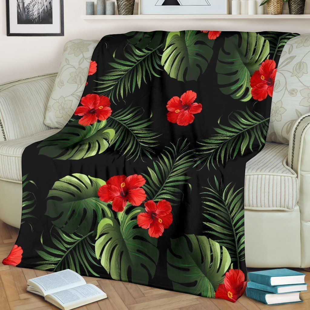 Red Hibiscus Tropical Forest Black Fleece Blanket