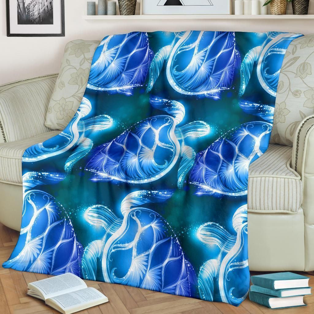Blue Neon Sea Turtle Printed Fleece Blanket